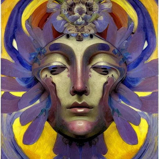 Image similar to masterpiece painting of a facemask made of stylized flowers, by annie swynnerton and jean delville and tino rodriguez and john watkiss, flower mask, art deco shaman, art brut, symbolist, dramatic lighting, god rays, elaborate geometric ornament, modern realism, clean crisp graphics, soft cool colors, smooth, sharp focus, extremely detailed