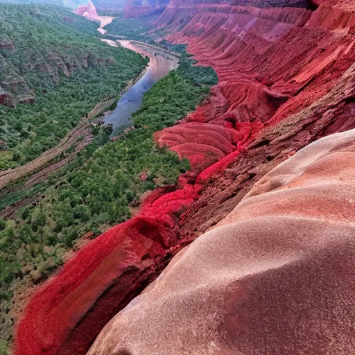 Prompt: A canyon with a crimson river at the bottom of it. The grass and the trees in the canyon are all crimson colored. there are crimson vines running up the cliff's edge.