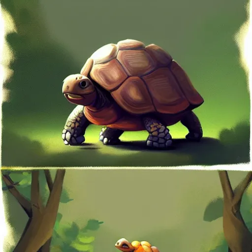 Image similar to Goro Fujita a portrait a cute tortoise walking happily through the jungle, painting by Goro Fujita, sharp focus, highly detailed, ArtStation