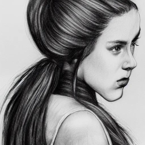 Image similar to 8 k hight resolution detailed charcoal drawing, a girl with ponytails, beautiful hd nouveau concept art colourful artwork, in the style of damian tirado