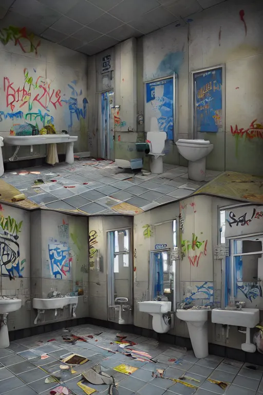 Image similar to interior of public restroom with multiple cabins, after a war battle, graffiti on walls, broken tiles, broken lightbulbs toilets with scratches, roaches, mess. toilet paper everywhere pixar disney 4 k 3 d render animation movie oscar winning trending on artststion and behance. oscar award winning.