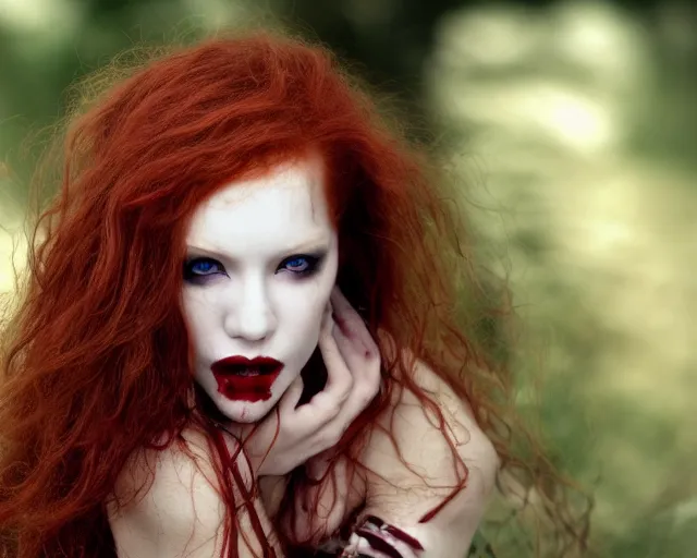 Image similar to award winning 5 5 mm close up face portrait photo of an anesthetic and beautiful redhead vampire lady who looks directly at the camera with bloodred wavy hair, intricate eyes that look like gems and long sharp fangs, in a park by luis royo. rule of thirds.