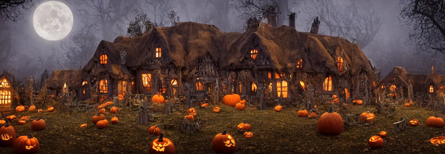 Image similar to a highly detailed old english tudor cottage in a scary pumpkin patch and graveyard, volumetric, fall colors, night, dead tree forest, pumpkins, moon, photorealistic, insanely detailed and intricate, epic scene, volumetric haze, hyper realistic, elegant, ornate, elite, horror, creepy, ominous, haunting, cinematic lighting, unreal engine, symmetrical, cinematic centered camera, high detail