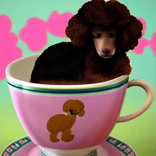 Image similar to cute poodle sitting inside a tea cup, realistic