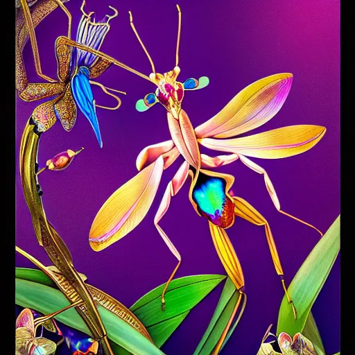 Prompt: majestic colorful orchid mantis enamel by leon bakst and yoshitaka amano, cloisonne, iridescent, black opals, beautiful hyperdetailed art nouveau orchids, james jean, amanda sage, ultrasharp photorealistic octane render