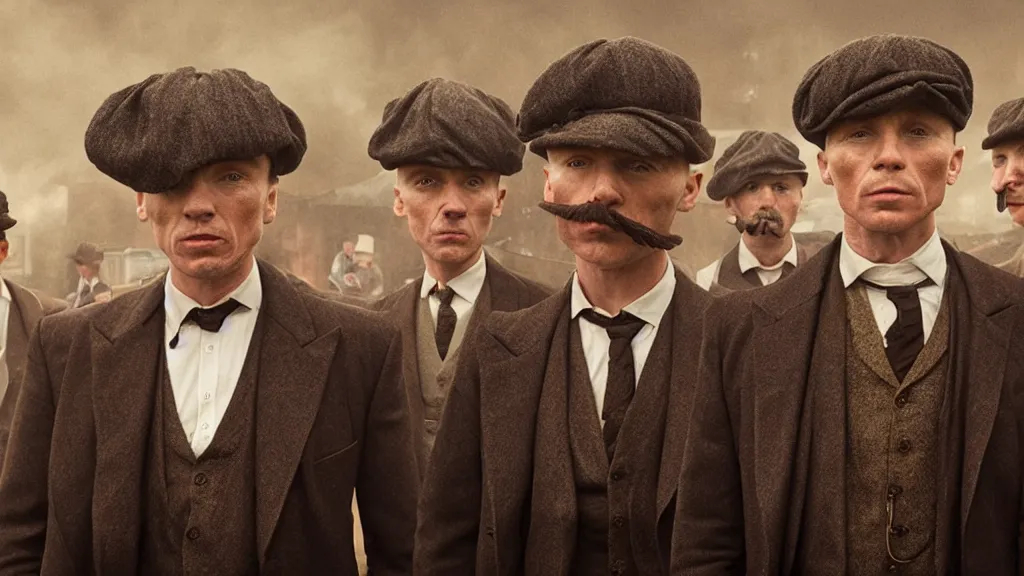 Image similar to the peaky blinders made of of peanuts, film still from the movie directed by denis villeneuve with art direction by zdzis