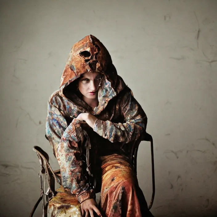 Prompt: closeup portrait of a woman with a hood made of wire and rainbows, sitting in a chair in a derelict house, by Annie Leibovitz and Steve McCurry, natural light, detailed face, CANON Eos C300, ƒ1.8, 35mm, 8K, medium-format print