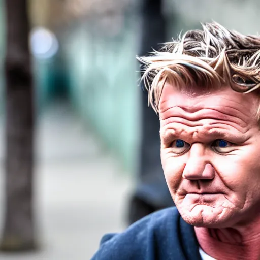 Image similar to dslr photo still of sad gordon ramsay sitting on a park bench with a tear on his cheek, 8 k, 1 1 0 mm f 1 6