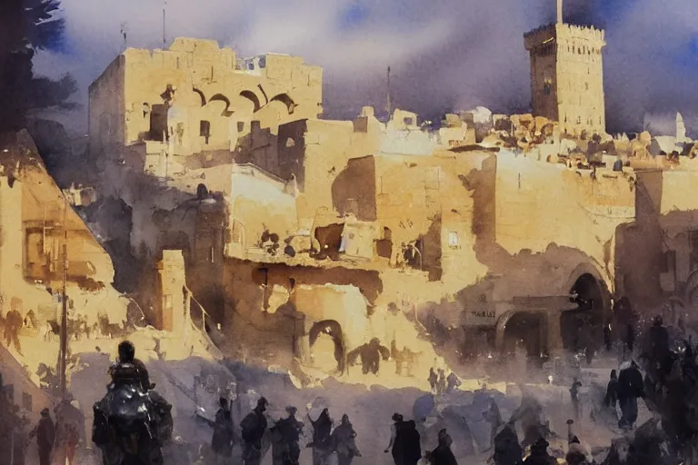 Prompt: small centered on watercolor paper, paint brush strokes, abstract watercolor painting of ancient jerusalem, cinematic light, national romanticism by hans dahl, by jesper ejsing, by anders zorn, by greg rutkowski, by greg manchess, by tyler edlin