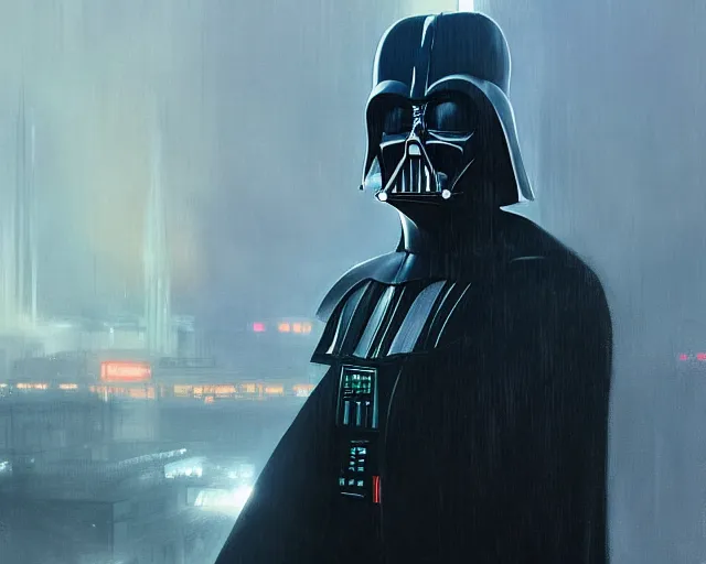 Image similar to 2 0 1 8 blade runner movie still darth vader look at the cityscape from roof perfect face fine realistic face pretty face reflective polymer suit tight neon puffy jacket blue futuristic sci - fi elegant by denis villeneuve tom anders zorn hans dragan bibin thoma greg rutkowski ismail inceoglu illustrated sand storm alphonse mucha