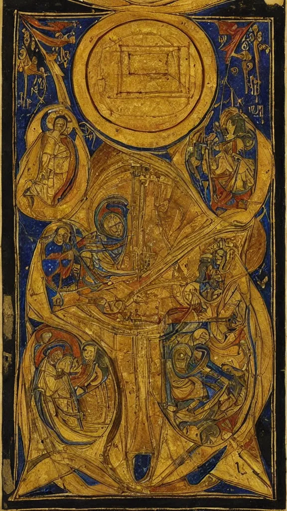 Image similar to scivias i. 3 : god, cosmos, and humanity is a medieval ink and gold leaf drawing created by hildegard von bingen in 1 1 6 5