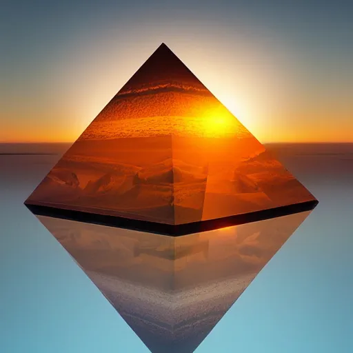 Prompt: a film still of a massive glass crystal pyramid in the desert in a sunset, highly detailed, fractal, chromatic refraction