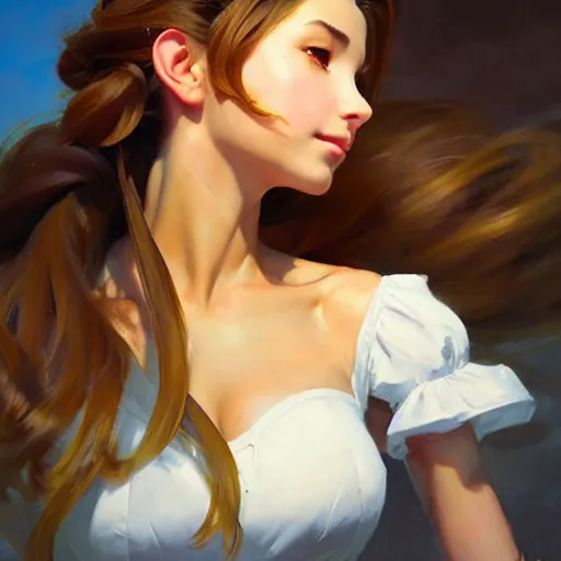 Image similar to Greg Manchess portrait painting o Aerith Gainsborough as Overwatch character, medium shot, asymmetrical, profile picture, Organic Painting, sunny day, Matte Painting, bold shapes, hard edges, street art, trending on artstation, by Huang Guangjian and Gil Elvgren and Sachin Teng