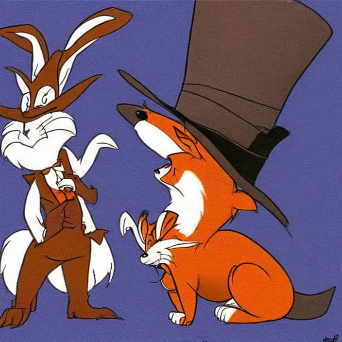 Image similar to concept art of a fox in a top hat talking to an angry rabbit by Don Bluth.