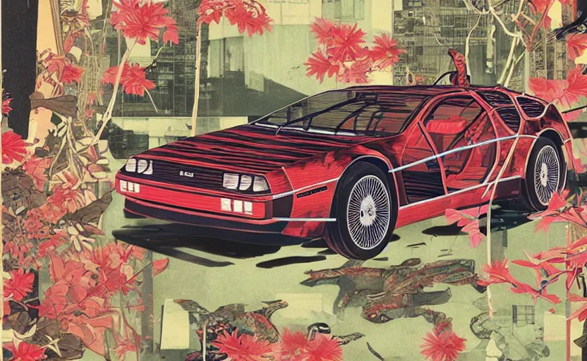 Image similar to a red delorean and a yellow tiger, art by hsiao - ron cheng and utagawa kunisada, magazine collage, # e 5 3 7 1 b, # e 4 e 6 2 0, # de 9 5 f 0,