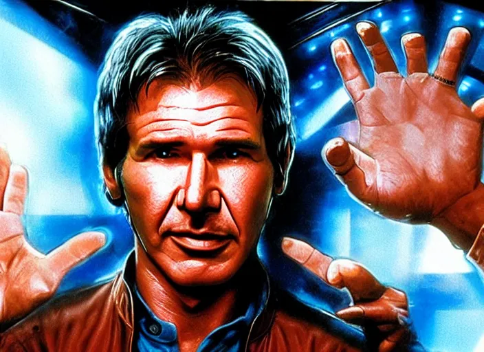 Prompt: screenshot portrait of Harrison Ford with his hands behind his back, standings on the Millenium falcon, talking to a blue hologram of Mark Hammill, iconic scene from the 1970s sci fi thriller directed by Stanely Kubrick film, color kodak, ektochrome, anamorphic lenses, detailed faces, moody cinematography