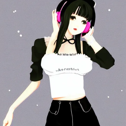 Image similar to realistic beautiful gorgeous natural cute Blackpink Lalisa Manoban black hair cute fur black cat ears, wearing white camisole summer outfit, headphones, black leather choker artwork drawn full HD 4K highest quality in artstyle by professional artists WLOP, Aztodio, Taejune Kim, Guweiz on Pixiv Artstation