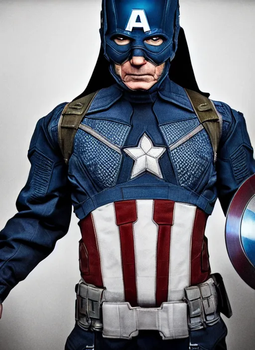 Image similar to full length photo of Bryan Cranston as Captain America by Lee Jeffries, smile, detailed, award winning, Sony a7R