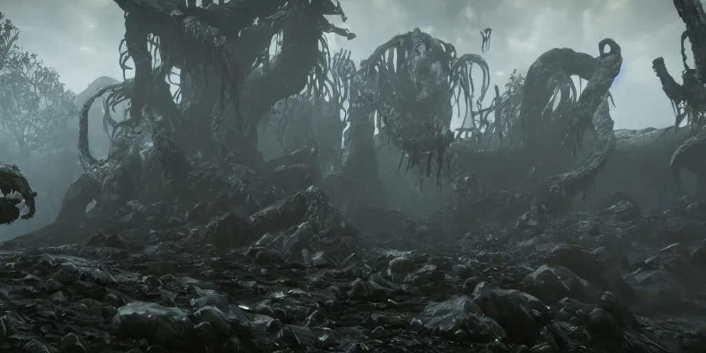 Image similar to a hp lovecraft monster boss fight in a house realistic graphic firstperson shooter game, realistic, ultra setting, highly detailed, fps game, game of the year, raytracing on, rtx 3 0 9 0 ti, gta v, death stranding game