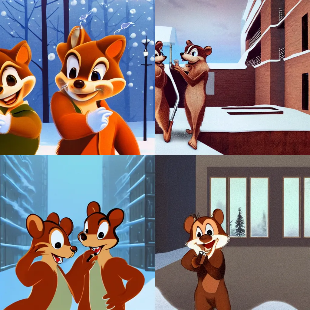 Prompt: Chip and Dale smoking cigarettes, winter, soviet Plattenbau houses at the background, realistic photo, 4k, photorealistic