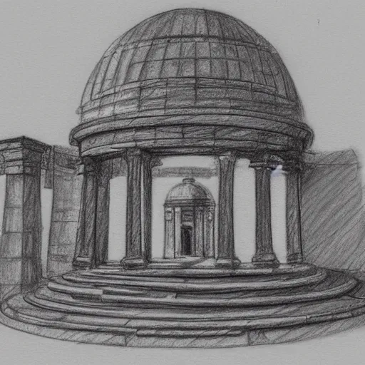 Prompt: a concept sketch, pencil sketch of an ancient building