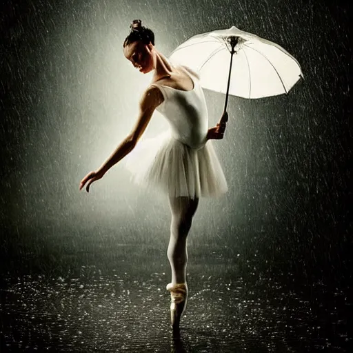 Image similar to portrait of a ballerina with a beautiful porcelain face, rain, cinematic light and reflections, beautiful dreamy lighting, photographed by annie leibovitz,