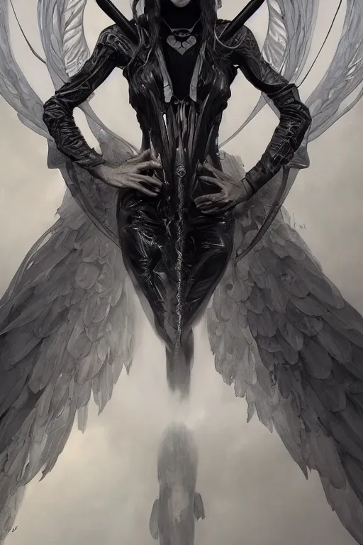 Prompt: portrait of the angel of death, black and silver, by tom bagshaw and alphonse mucha and atey ghailan and artgerm and and greg rutkowski, hyper realistic, octane render, trending on artstation