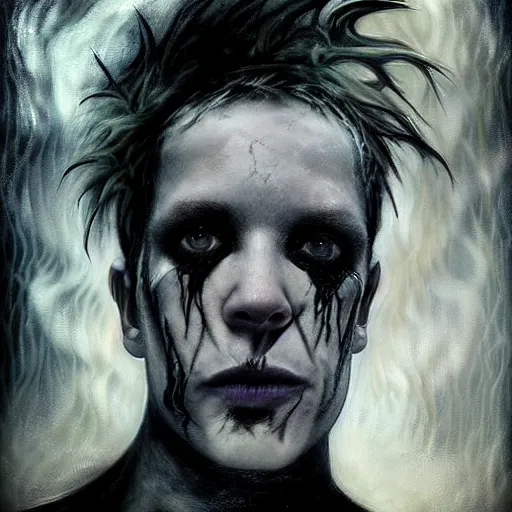 Image similar to stunning portrait of gaunt ( the cure fan ) as dream from sandman, dim stars as eyes, by jeremy mann, by cedric peyravernay, by by russ mills, by richard avedon and ben templesmith, dramatic lightning, sadness, dark eye sockets, in the shadows, punk rock, gothic, high detailed, 8 k