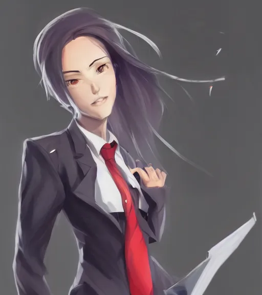 Image similar to a girl in a business suit, close up, sharp focus, red necktie, grey hair, full body shot, pixiv, digital painting, by tran ross and jordan grimmer, anime art, artstation, hd, smooth