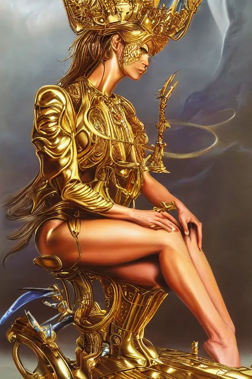 Image similar to airbrush painting of an amazing golden queen seated over a fantasy throne, by hajime sorayama and boris vallejo, realistic, hyperdetailed, centered, magic, trending on artstation,