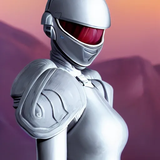 Image similar to portrait of a beautiful female soldier, no makeup, in glossy sleek white armor inspired by samus aran and a long red cape, head tilted back, determined expression, no helmet, on the surface of mars, cinematic, sci-fi, hyperrealistic, detailed