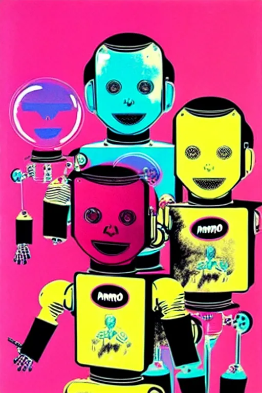 Image similar to ( ( ( ( ( a robot family with soap bubbles, pop art ) ) ) ) ) by andy warhol and bill sienkiewicz!!!!!!!!!!!!!!!!!!!!!!!!!!!!!!