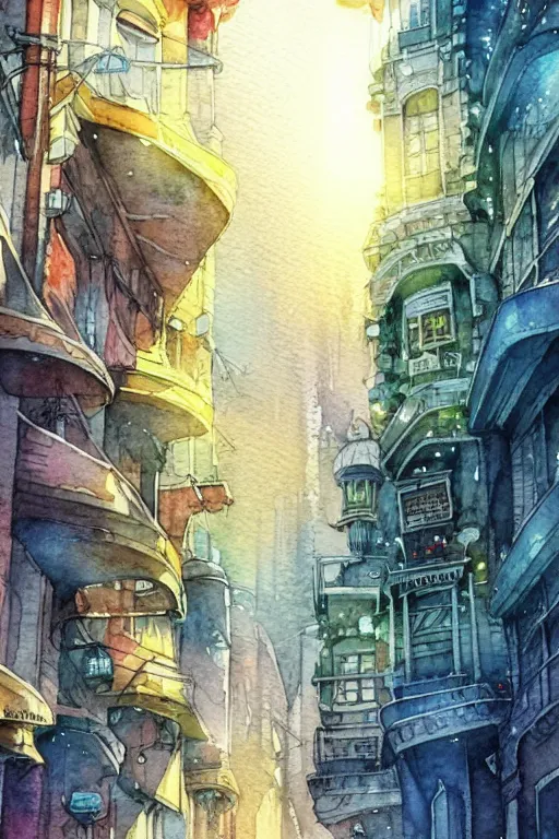 Image similar to beautiful happy picturesque charming sci - fi city in harmony with nature. beautiful light. nice colour scheme, soft warm colour. beautiful detailed watercolor by lurid