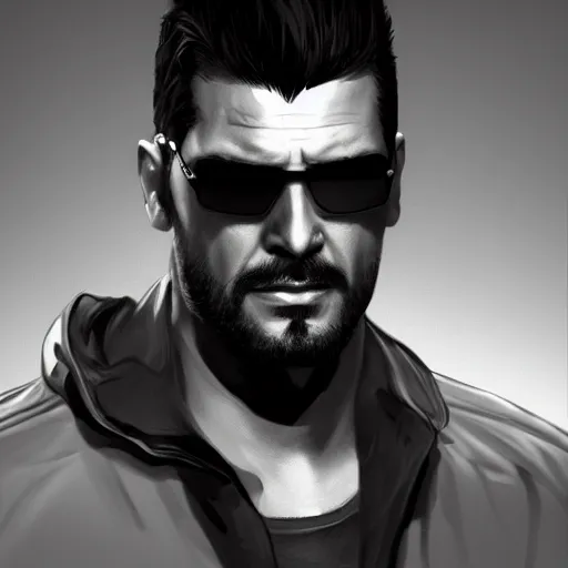 Image similar to Adam Jensen from Deus Ex as a GTA character, by Cedric Peyravernay, highly detailed, hyperrealism, excellent composition, cinematic concept art, dramatic lighting, trending on ArtStation