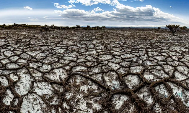 Image similar to panorama of big raindrops flying upwards into the perfect cloudless blue sky from a dried up river in a desolate land, dead trees, blue sky, hot and sunny highly-detailed, elegant, dramatic lighting, artstation, 4k, cinematic landscape, photograph by National Geographic