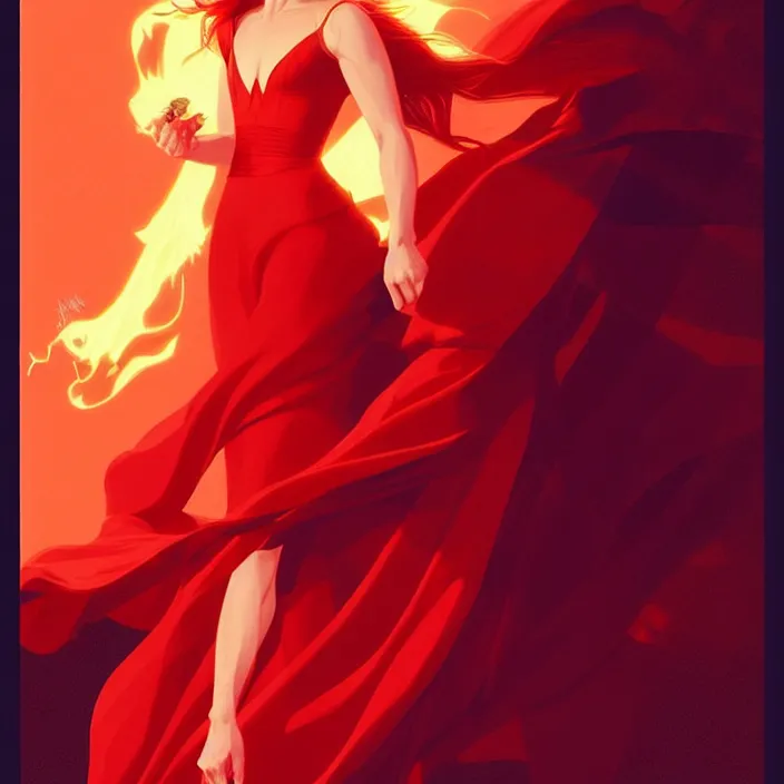 Prompt: style artgerm, joshua middleton : : beautiful kristen bell with dark red dress, very long orange hair, symmetrical face, symmetrical eyes : : fire powers fire swirling : : [ detailed, volcano setting ] : : cinematic lighting