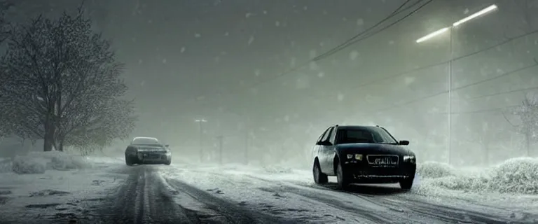 Image similar to Audi A4 B6 Avant (2002), a gritty neo-noir, dramatic lighting, cinematic, eerie person silhouette, death, homicide, homicide in the snow, gunshots, establishing shot, extremely high detail, photorealistic, cinematic lighting, artstation, by simon stalenhag, Max Payne (PC) (2001) winter new york at night, Max Payne 2 graphic novel style, flashing lights, Poets of the Fall - Late Goodbye