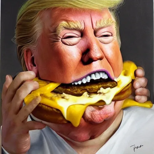 Image similar to realistic painting by jenny saville of!! donald trump!! licking a! cheeseburger!, art by jenny saville and tom bagshaw, detailed, sharp, smooth,! hamburger!