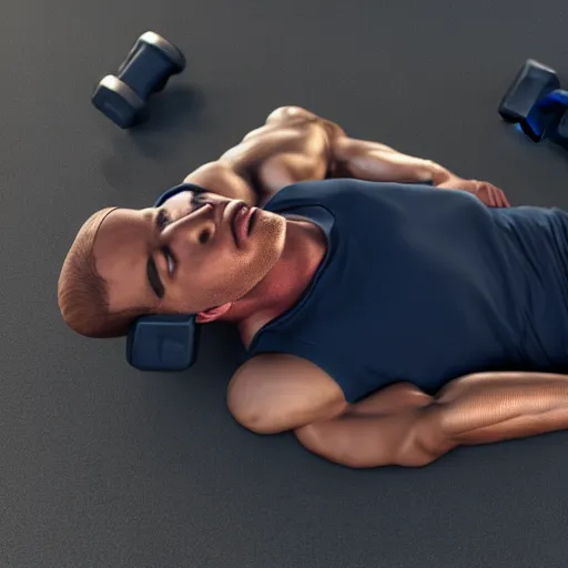 Image similar to A guy is sleeping on a dumbbell , cinematic lightening, high quality, 8k , octane render