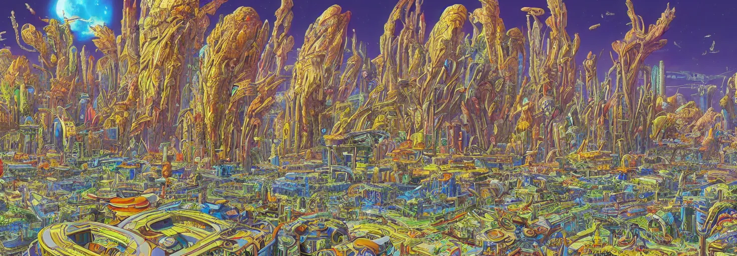 Prompt: beautiful landscape mural of a great advanced futuristic city in an alien planet, futuristic landscape, vivid colors, intricate, highly detailed, masterful, fantasy world, in the style of moebius, akira toriyama, jean giraud, 8 k, crystal clear illustration,