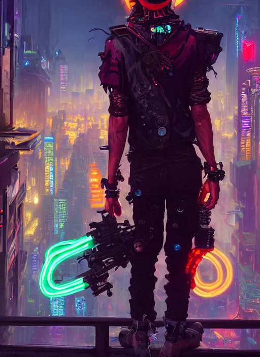 Image similar to anthropomorphic coyote character wearing black cyberpunk skater clothes with neon highlights in a cyberpunk city. Renowned character illustration by greg rutkowski, thomas kindkade, alphonse mucha, loish, norman rockwell. Trending on artstation 4k. Highly detailed. Digital art.