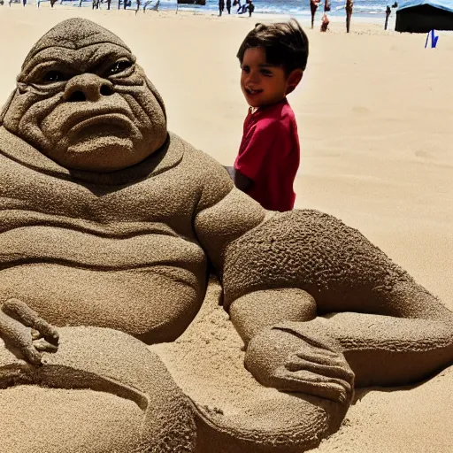 Prompt: a photo of a young boy making a intricate Jabba the Hutt sand sculpture at the beach, highly detailed, 8k, photorealistic, award winning photo, photography