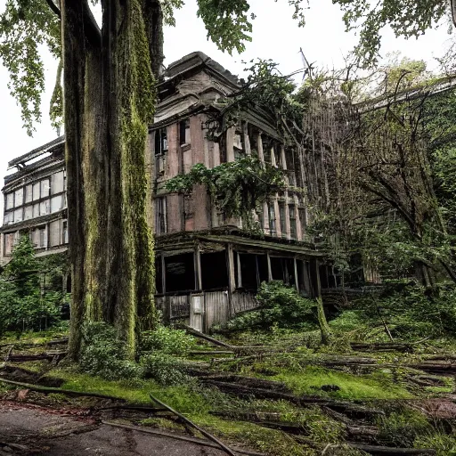 Prompt: nature reclaiming Seattle, lots of trees, dilapidated buildings, afternoon, ultra detailed, cinematic, no blur, 4k