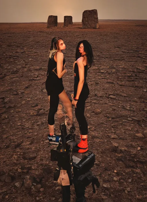 Image similar to cinestill 5 0 d photographic portrait of two loving female androids wearing rugged black techwear on a desolate plain with a red sky in front of a brutalist monolith, extreme closeup, cyberpunk style, dust storm, 8 k, hd, high resolution, 3 5 mm, f / 3 2, ultra realistic faces, ex machina, steve mccurry