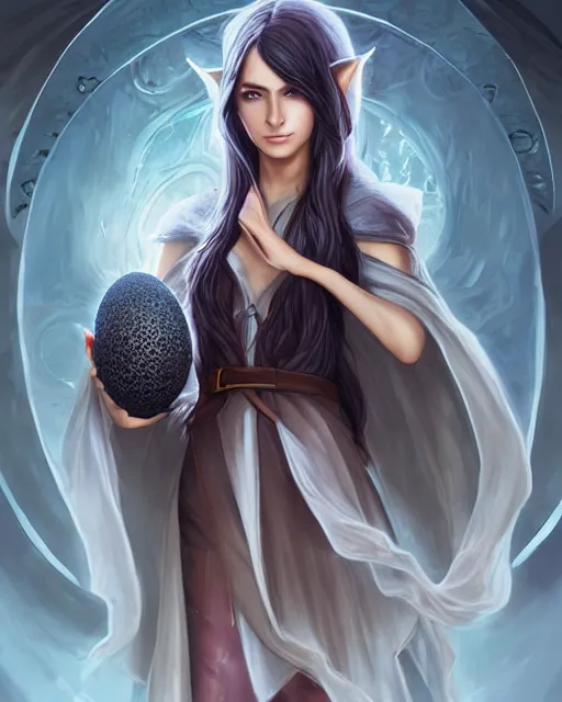 Image similar to portrait of elven teenage mage with long black hair holding dragon egg by artgerm modern fantasy 4 k ultra high resolution