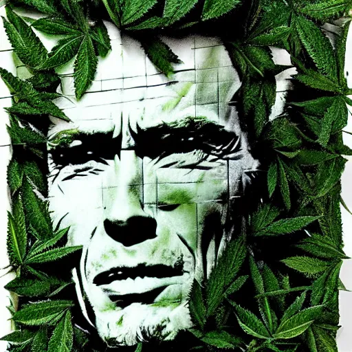 Image similar to clint eastwood made of cannabis leaves