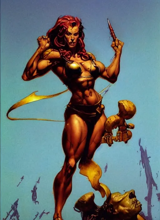 Image similar to mighty golden saint girl, strong line, deep color, beautiful! coherent! by frank frazetta, by brom, low angle