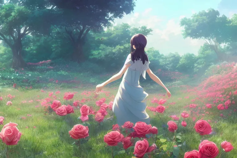 Prompt: girl picking flowers in a field of roses, scenic full shot, ambient lighting, detailed face, by makoto shinkai, stanley artgerm lau, wlop, rossdraws