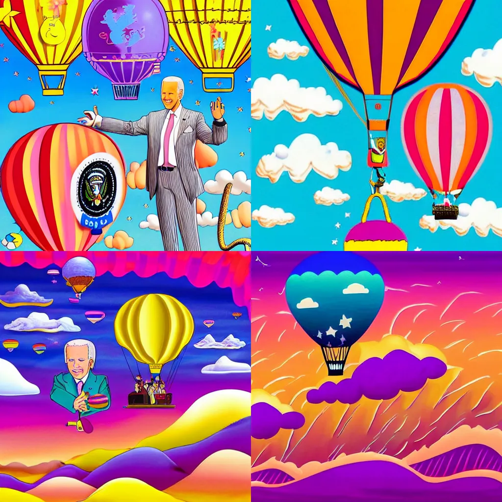 Prompt: Joe Biden body, as an air balloon, large and in charge, drifting among clouds covered in delectable deserts, in a Lisa Frank art style, cinematic feeling,