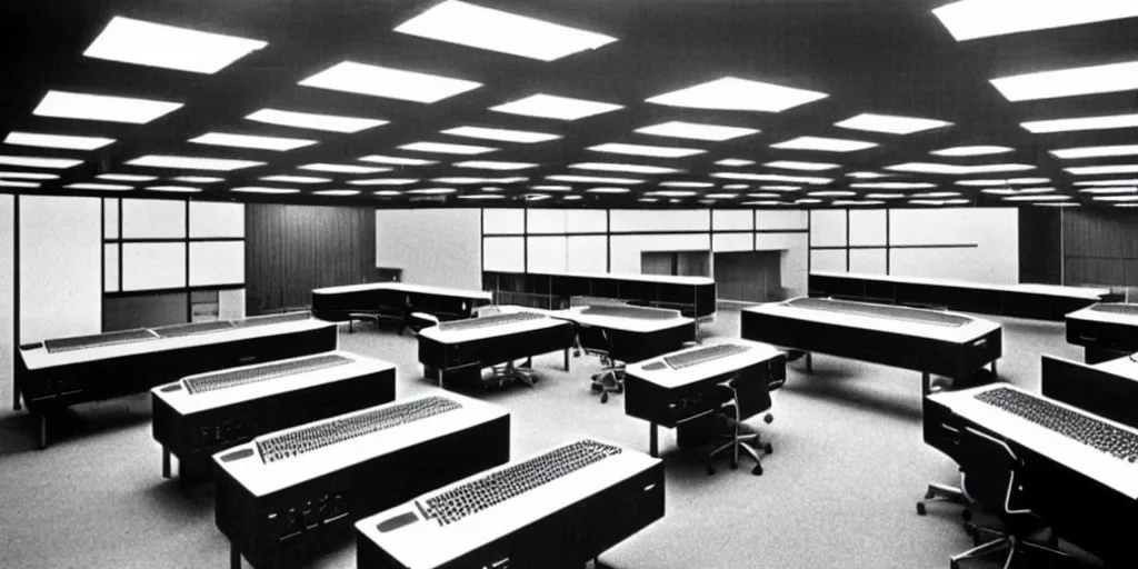 Image similar to a large 1970's computing room with 9-track machines and glowing screens. by IBM by Amdahl.